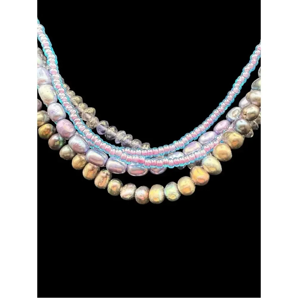 Sterling Silver 925 Multi-Strand Iridescent Blue Pearl Bead Necklace